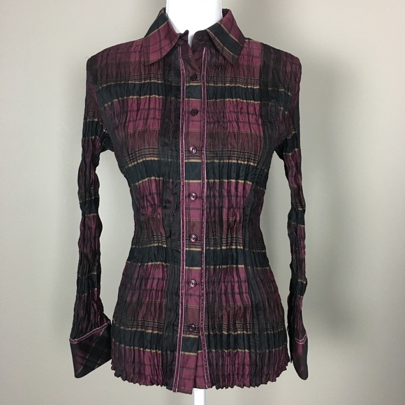 Cache Plaid Stretch Crinkle Button Down Shirt Small Christmas Holiday - Picture 1 of 7